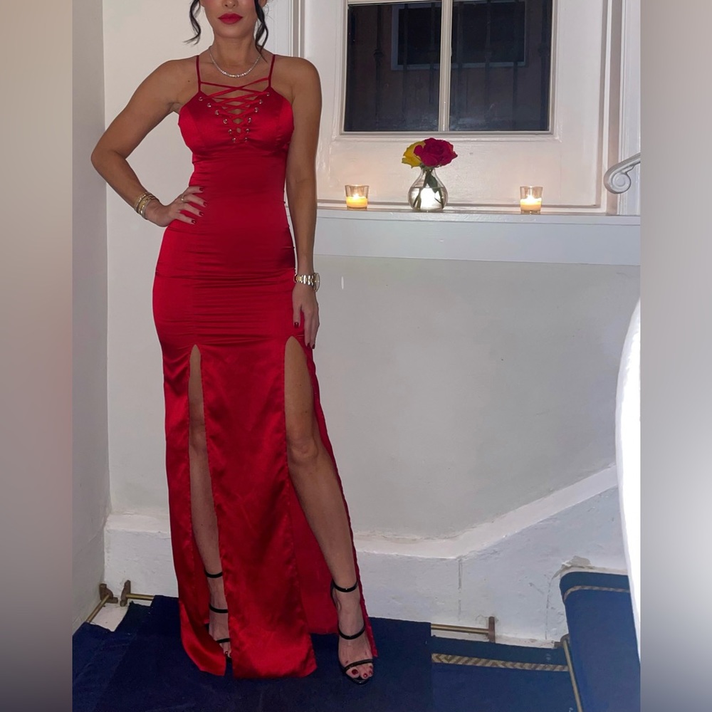 Red long dress two slits with silver detail on top
